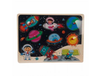 Puzzle din lemn cu buton Spatiul Cosmic, 9 el, Woody