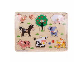 Puzzle din lemn cu buton Animale de la ferma,8 el, Woody