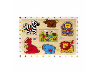 Puzzle din lemn cu buton Animale 22 x 2 x 16,5 cm, diverse tipuri Woody
