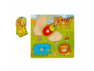 Puzzle din lemn Animale, cu buton 5 el. 22 x 2 x 22 cm diverse tipuri  Woody