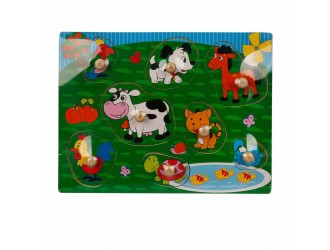  Puzzle-sorter din lemn cu buton Animale, 8 el. Woody