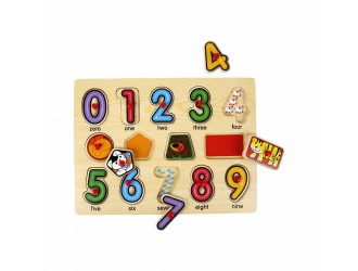 Puzzle din lemn cu buton Numere-Forme engleza 14 el.  29,5 x 1 x 22 cm Woody