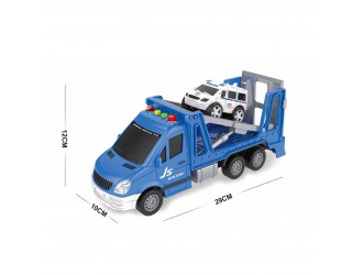 Evacuator albastru, cu masina alba, cu frictiune, sunete si lumini 1:16, jstoys