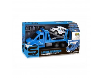 Evacuator albastru, cu masina alba, cu frictiune, sunete si lumini 1:16, jstoys