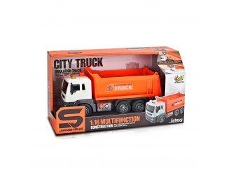 Camion cu remorca, portocaliu, cu frictiune si buton presiune, sunete si lumini 1:16, jstoys