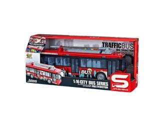 Troleibuz rosu cu frictiune si usi care se deschid, sunete si lumini, 1:16, jstoys