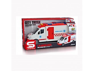 Ambulanta cu frictiune si usi care se deschid, sunete si lumini, 1:16, jstoys
