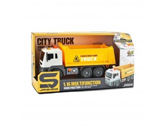 Camion cu remorca, galben, cu frictiune si buton presiune, sunete si lumini 1:16, jstoys