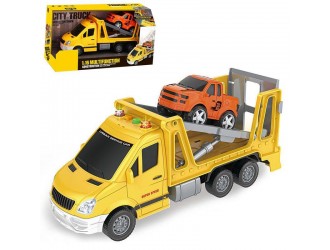 Evacuator galben, cu masina portocalie, cu frictiune, sunete si lumini 1:16, jstoys