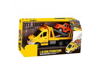 Evacuator galben, cu masina portocalie, cu frictiune, sunete si lumini 1:16, jstoys