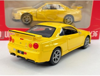 Macheta auto Nissan GT-R34 V-Spec II, galben, 1:36, mecanism pull-back, RHD, TAYUMO