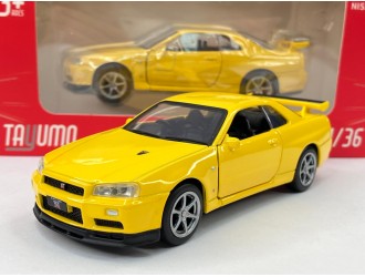 Macheta auto Nissan GT-R34 V-Spec II, galben, 1:36, mecanism pull-back, RHD, TAYUMO