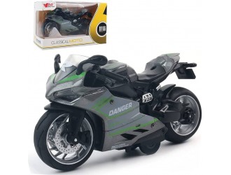 Jucarie Motocicleta gri-verde Classical Moto, din metal 1:12, cu sunete si lumini