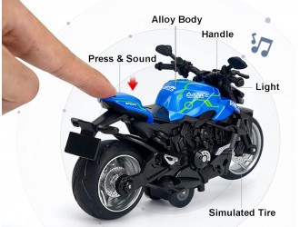 Jucarie Motocicleta albastra Classic, 1:12 din metal, cu sunete si lumini, mecanism pull-back