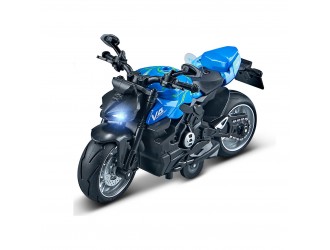 Jucarie Motocicleta albastra Classic, 1:12 din metal, cu sunete si lumini, mecanism pull-back
