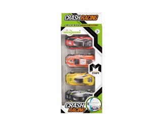 Set cu 4 masini din metal, mecanism pull-back Crash Racing in asortiment