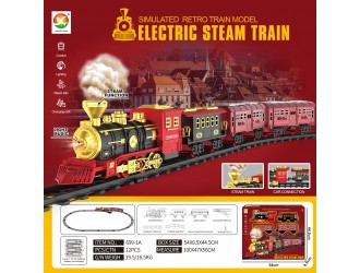 Set Tren Retro negru cu cale ferata si 3 vagoane, sunete, lumini, efect fum