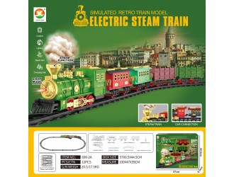 Set Tren Retro verde cu cale ferata si 4 vagoane, sunete, lumini, efect fum