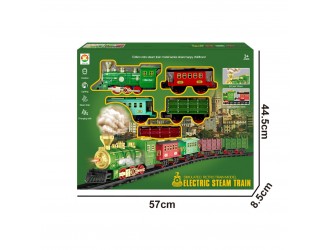 Set Tren Retro verde cu cale ferata si 4 vagoane, sunete, lumini, efect fum