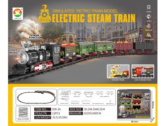 Set Tren Retro negru cu cale ferata si 5 vagoane, sunete, lumini, efect fum