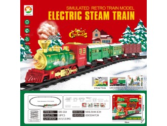 Set Tren Retro Christmas verde-rosu cu cale ferata si 3 vagoane, sunete, lumini, efect fum