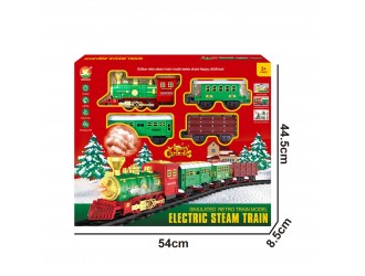 Set Tren Retro Christmas verde-rosu cu cale ferata si 3 vagoane, sunete, lumini, efect fum