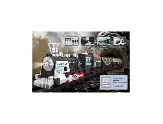 Set Tren Classic alb-negru cu cale ferata si 3 vagoane, sunete, lumini, efect fum
