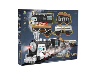 Set Tren Classic alb-negru cu cale ferata si 3 vagoane, sunete, lumini, efect fum