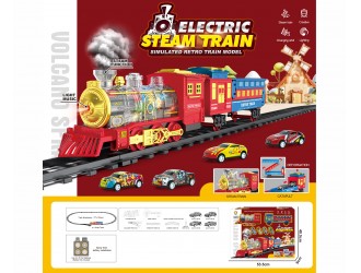 Set Tren cu cale ferata, sunete, lumini, efect fum, 1 vagon, 4 masini si lansator,