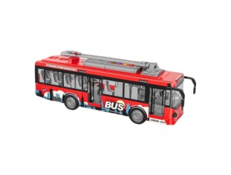 Troleibuz rosu cu frictiune si usi care se deschid, sunete si lumini, 1:16, jstoys