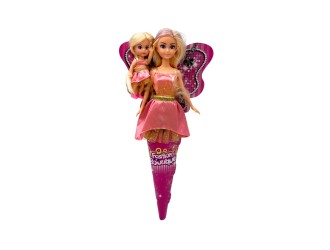 Set papusa 29 cm cu papusica 9 cm in cornet, 2 tipuri mov/piersic