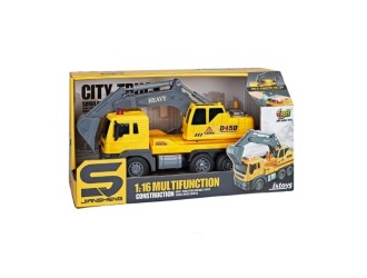 Jucarie Camion Excavator, galben, cu frictiune, sunete si lumini 1:16, JSTOYS, ZJA278614