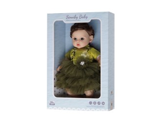 Papusa cu corp moale si 6 sunete 35 cm bruneta cu rochie verde, ZJA329538