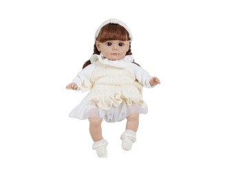 Papusa cu corp moale si 6 sunete 35 cm bruneta cu rochie alba, ZJA329541