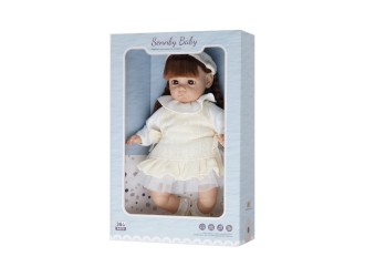 Papusa cu corp moale si 6 sunete 35 cm bruneta cu rochie alba, ZJA329541