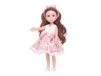 Papusa bruneta 35 cm cu bentita si rochie alb-roz, ZJA353021