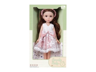 Papusa bruneta 35 cm cu bentita si rochie alb-roz, ZJA353021