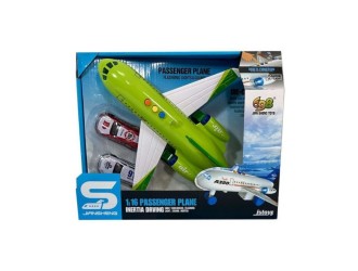 Avion cu frictiune verde si 2 masinute, sunete si lumini, 1:16, jstoys, ZJA347493