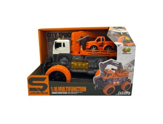 Evacuator cu inertie portocaliu cu roti mari, sunete si lumini, 1:16, jstoys, ZJA327113