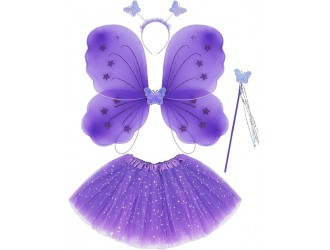 Set Aripi de Fluture alb/violet/roz, cu sclipici, fustita, cerc si bagheta, ZJA359685