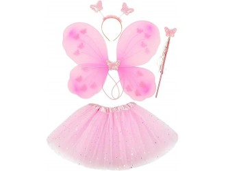 Set Aripi de Fluture alb/violet/roz, cu sclipici, fustita, cerc si bagheta, ZJA359685