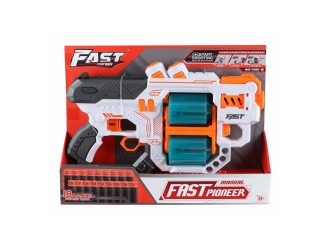 Blaster de jucarie manual cu gloante din spuma, 18 proiectile, 2 cilindre rotative, Fast Pioneer