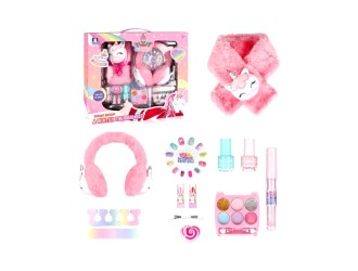 Set cu produse de machiaj, fular si casti roz, ZJA359838