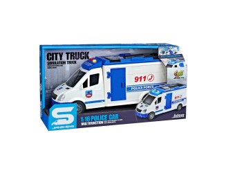 Microbuz politie albastru cu frictiune si usi care se deschid, sunete si lumini, 1:16, jstoys, ZJA314889