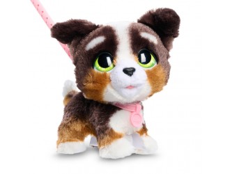 Jucarie interactiva de plus Catelus Bernedoodle cu lesa, 23 cm, Furreal seria Walk-A-Lots 