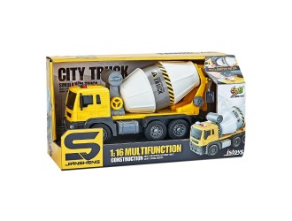 Jucarie Camion Betoniera alb-galben cu frictiune, sunete si lumini, 1:16, jstoys, ZJA278611