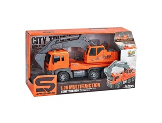 Jucarie Camion Excavator, oranj, cu frictiune, sunete si lumini 1:16, JSTOYS ZJA278616