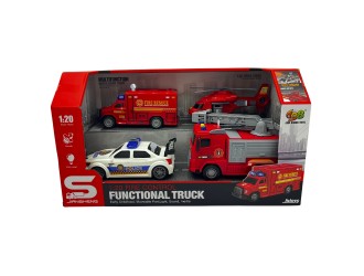 Set cu 4 autospeciale: masina de politie, camion pompieri, elicopter, frictiune, sunete si lumini, 1:20, jstoys, ZJA363880