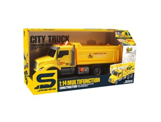 Camion basculanta galbena cu frictiune, buton presiune, sunete si lumini, 1:14, jstoys, ZJA363775