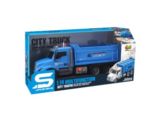 Camion basculanta albastra cu frictiune, buton presiune, sunete si lumini, 1:14, jstoys, ZJA363776